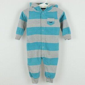 Carter's Infant 9 Months Blue Gray Striped Hooded Fleece Snap Up Winter Bodysuit